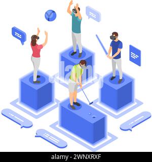 Isometric virtual reality communication. Ai technologies, people in vr glasses. Digital person play ball and golf and talking. Remote talk, flawless Stock Vector