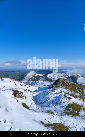 Snow on The Lawley, Hoar Edge, and Yell Bank, seen from a snowy Caer Caradoc, Church Stretton, Shropshire Stock Photo