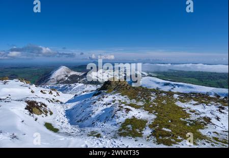 Snow on The Lawley, Hoar Edge, and Yell Bank, seen from a snowy Caer Caradoc, Church Stretton, Shropshire Stock Photo