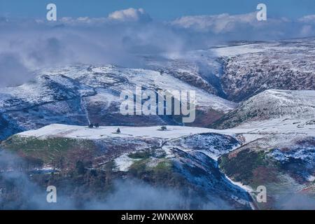 Snow in Carding Mill Valley and on the Long Mynd and its golf course, Church Stretton, Shropshire Stock Photo