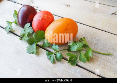 Easter colorful eggs close-up on wooden background. Three boiled chicken eggs with red, orange and brown shells, dyed with onion peel. Fresh green Stock Photo