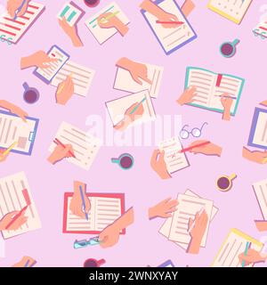 Hands notes pattern. Top view table notes with business managers writing notes exact vector seamless background Stock Vector