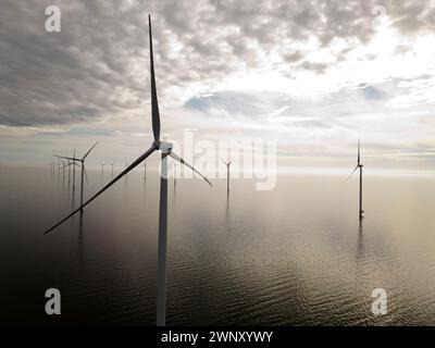 Windturbines in an offshore windpark, Ijsselmeer, Breezanddijk, The Netherlands Stock Photo