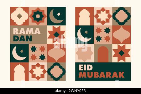 Set of Ramadan Kareem greeting cards, posters. Festive web banners. Modern geometric flat design. Traditional ornaments, patterns. Eid Mubarak Stock Vector