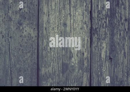 Texture of old rustic battered vertical boards. Background of retro vintage dark wooden wall. Three nailed boards Stock Photo