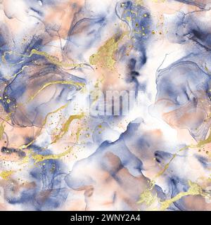 Abstract watercolor grunge luxury background. Hand drawn blue, orange and golden glitter stains elements seamless pattern. Watercolour texture. Print Stock Photo