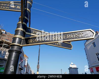 Pedestrian direction signpost in the town of Weymouth, Dorset, England, United Kingdom. Stock Photo