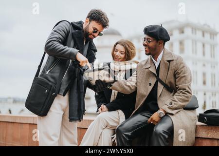 Dynamic team of young entrepreneurs engaging in a business strategy meeting outdoors. Stock Photo