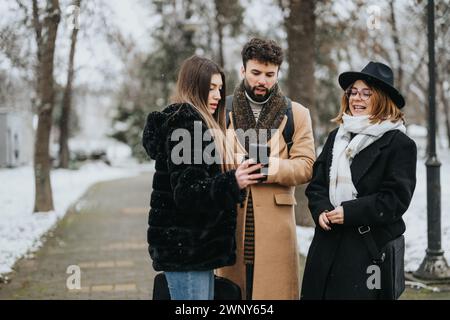 Young people collaborating on business project in snowy park. Stock Photo