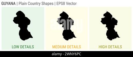 Guyana - plain country shape. Low, medium and high detailed maps of Guyana. EPS8 Vector illustration. Stock Vector