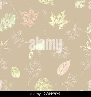 Abstract watercolor leaf traces and dry twigs seamless pattern. Delicate colorful watercolour leaves and flowers ornament on beige background. Print f Stock Photo