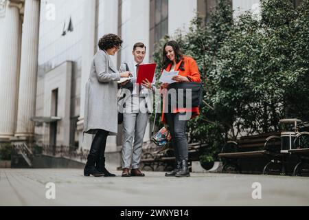 Business partners engaging in a productive discussion outdoors Stock Photo