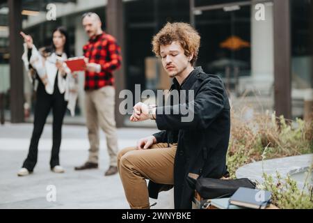 Business colleagues discussing project strategy during outdoor meeting Stock Photo