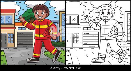 Firefighter Holding Hard Hat Coloring Illustration Stock Vector