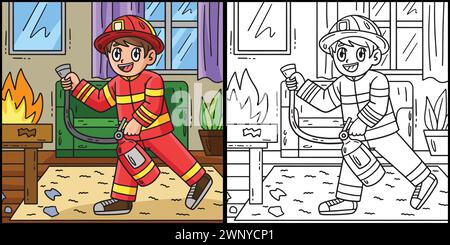 Firefighter with Fire Extinguisher Coloring Page Stock Vector Image ...