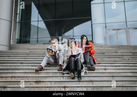 Business partners collaborating on a new project outdoors Stock Photo