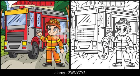 Firefighter Truck Coloring Colored Illustration Stock Vector Image ...
