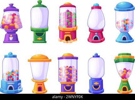 Bubblegum vending machine. Empty and full of colorful candies retro machines for supermarket or kids zone in mall. Sweet sale, nowaday vector elements Stock Vector