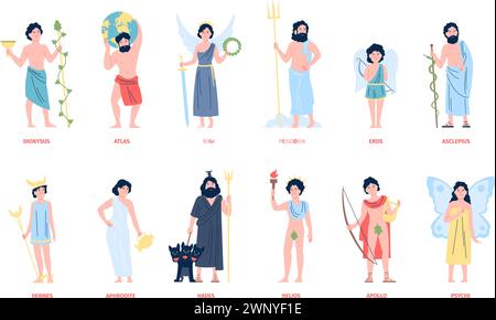 Greek olympian gods and goddess. Mythology of Greece cartoon characters. Cute Eros and Psyche, Aphrodite and Hermes. Myths heroes recent vector set Stock Vector