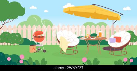 Summer bbq in garden. Chairs on backyard, food on table. Resting on nature with grill or barbecue. Relaxing summer or spring time, racy vector scene Stock Vector