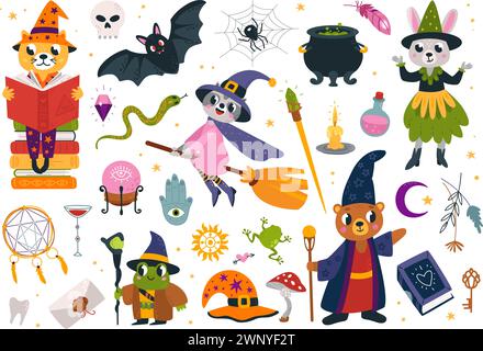 Animals wizards with magic tools. Witches on broom and with magical books. Wizard wear mantle and witch hat. Cartoon sorcerers classy vector Stock Vector