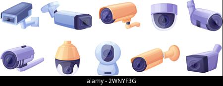Cartoon cctv cameras set. Isolated surveillance camera, home watching video system. Professional digital security equipment, nowaday vector clipart Stock Vector