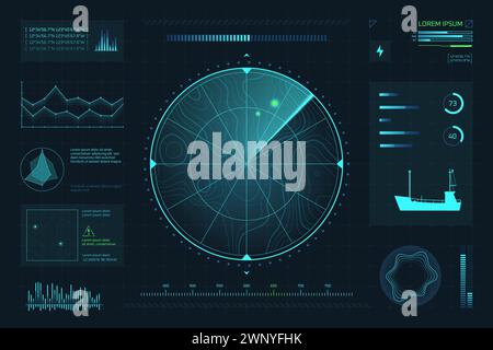 Submarine radar. Navy ship sonar navigation screen hud digital, ocean marine flight search naval weapon targeting futuristic dashboard ui spy mission vector illustration of radar sonar technology Stock Vector