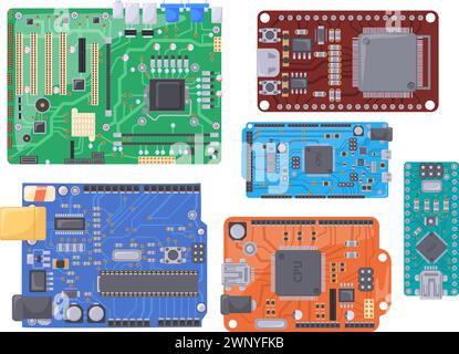 Microcontrollers. PCB electrical boards, semiconductor microchip technology computers machine, circuit electronics concept hardware pi chip, neat vector illustration of electronic technology component Stock Vector