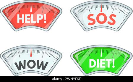 Diet scales meter. Weight scale meter for body mass control, obesity level bmi indicator cholesterol eating calculator, bathroom floor weights dial measure vector illustration of weight body scale Stock Vector