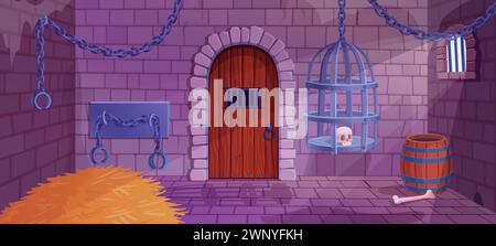 Medieval prison. Cartoon donjon cell interior, fort dungeon jail chain human torture torch, castle old cellar dark room wall gate door, game ingenious vector illustration of prison interior medieval Stock Vector