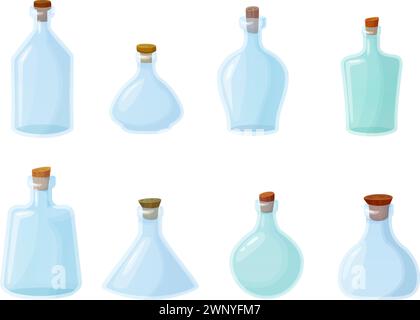 Cartoon empty glass bottles. Game vial for magic potion, wine water spirit drink or chemical liquid, ancient clear bottle with wooden cork for wizard vector illustration of vial alchemy bottle Stock Vector