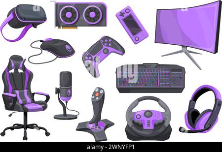 Gamer accessories. Professional gaming equipment game streaming set, videogame isolated tools headset keyboard mouse display mic chair pc hardware device neat vector illustration of equipment gamer Stock Vector