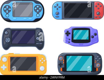 Handheld consoles. Retro portable console, modern switch controller psp nintendo gameboy nerdy geek hipster gaming, game computer joypad videogame gadget, neat vector illustration Stock Vector