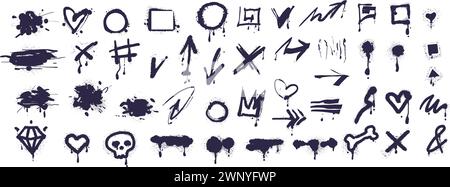 Stencil spray elements. Graffiti ink sprayed element, brush sponge paint splash drip line dirty print design template, splatter shape mud grunge effect vector illustration of paint grunge ink spray Stock Vector