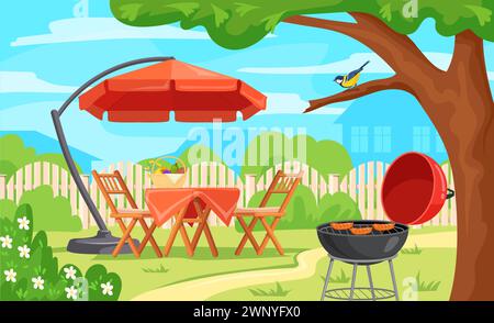 Backyard picnic. Summer patio outside barbeque cartoon background, garden bbq party outdoor house yard, cozy chair and table on green lawn spring courtyard neat vector illustration Stock Vector