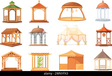 Gazebo. Cartoon pergola for summer house, outdoor stand alcove canopy beach pavilion or garden tent shelter, bower patio marque park wedding event arbor, vector illustration of outdoor pergola set Stock Vector