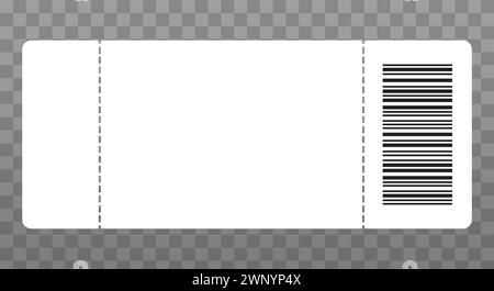 Blank empty white event ticket template. Concert ticket, lottery coupon. Flat vector illustration isolated on checkered transparent background. Stock Vector