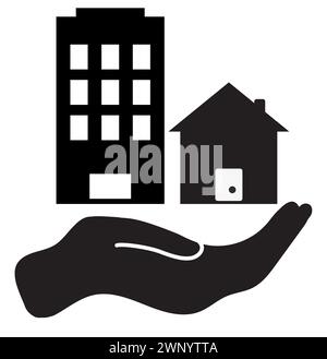 Property in hand icon. Buildings in hand sign. Property symbol. flat style. Stock Photo