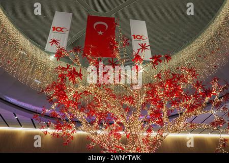 Istanbul, Turkey 12.31.23: international airport Istanbul Havalimani IST. New Year and Christmas decorations, garlands, small architectural forms Stock Photo