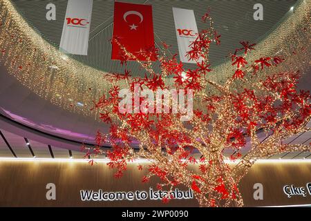 Istanbul, Turkey 12.31.23: international airport Istanbul Havalimani IST. New Year and Christmas decorations, garlands, small architectural forms Stock Photo