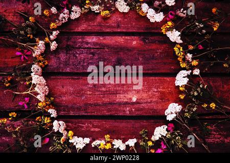 multicolored wildflowers are arranged in a circle on a wooden table background. White yarrow inflorescences, yellow grass mouse peas, pink ivy Stock Photo