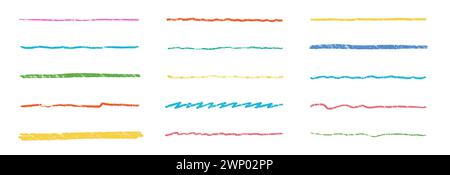 Crayon line color pencil brush scribble stroke pen underline hand. Crayon line pencil brush color sketch chalk stripe doodle vector drawn border texture element kid paint pastel emphasis squiggle Stock Vector
