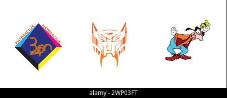 3MP, Goofy, Transformers Rise of the Beasts. Most popular arts and design logo collection. Stock Vector