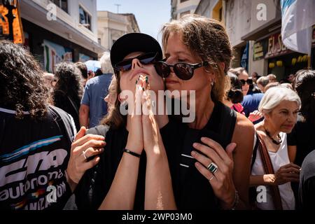 Buenos Aires, Argentina. 04th Mar, 2024. Two protesters embrace during the demonstration. Protest and symbolic embrace of the National News Agency Telam against the announcement of its closure and dismissal of its press workers made by the President of the Nation, Javier Milei. Credit: SOPA Images Limited/Alamy Live News Stock Photo