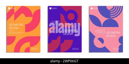 Modern geometric abstract presentation posters with pattern of color graphic shapes. Vector circles, squares and triangles minimalist compositions set Stock Vector