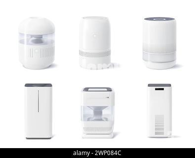Realistic air purifier. Isolated 3d vector set of devices that removing contaminants like dust, allergens, and pollutants, improving indoor air qualit Stock Vector