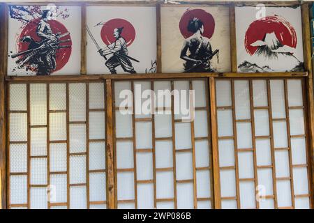 Palembang 22 Feb 2024 - Shoji, texture of traditional Japanese sliding paper door Shoji with hand draw samurai art painting decoration. Stock Photo