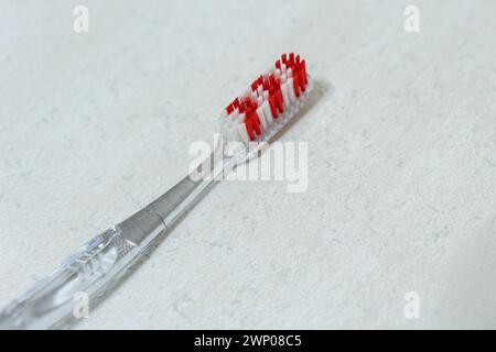 Closeup of red and white plastic toothbrush head isolated on a white background. Stock Photo