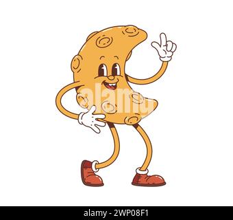 Cartoon crescent moon groovy character dance. Isolated vector vibrant, retro, psychedelic celestial personage with craters, gloves, sneakers and wide Stock Vector