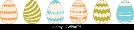 Colorful Easter eggs set. Blue, orange and green spring egg icon collection with different patterns. Doodle style Easter illustration bundle for banner, poster, card, invitation, sticker. Vector pack  Stock Vector